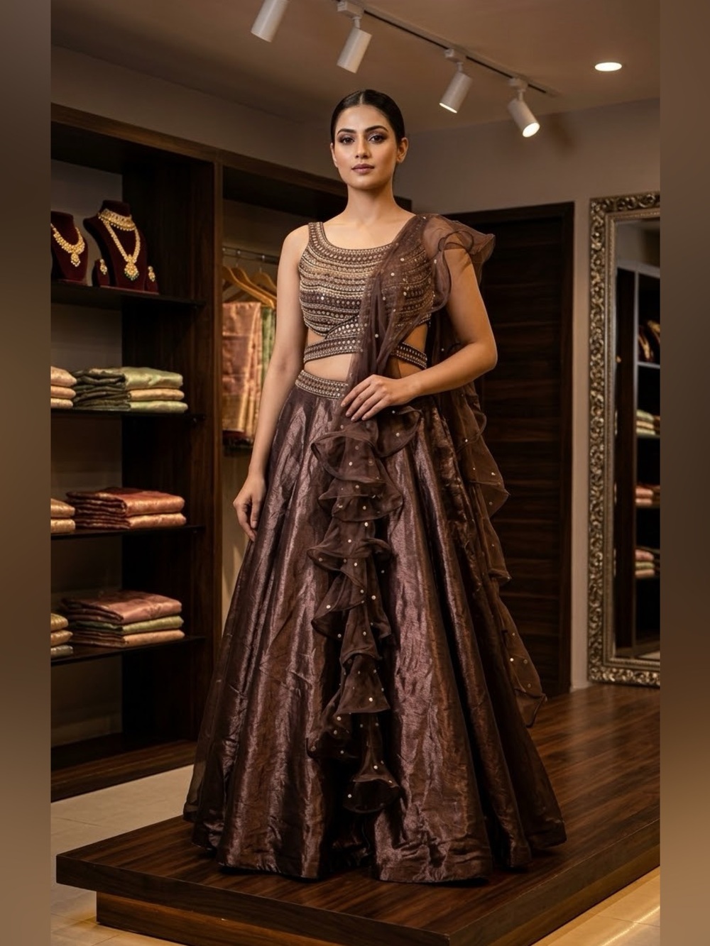 Organza Mauve lehenga choli set with Ruffled Overlay- Indian wear
